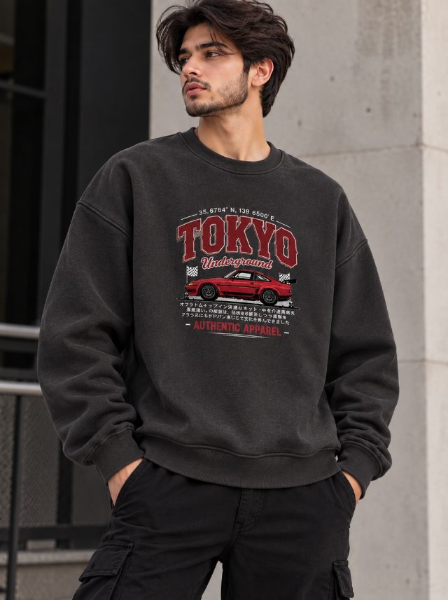 Tokyo Underground Oversized Graphic Sweatshirt – Charcoal Black